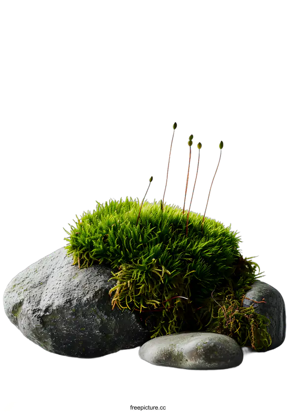 [Transparent Background PNG]Green Moss on Grey Rocks Minimalist Photography