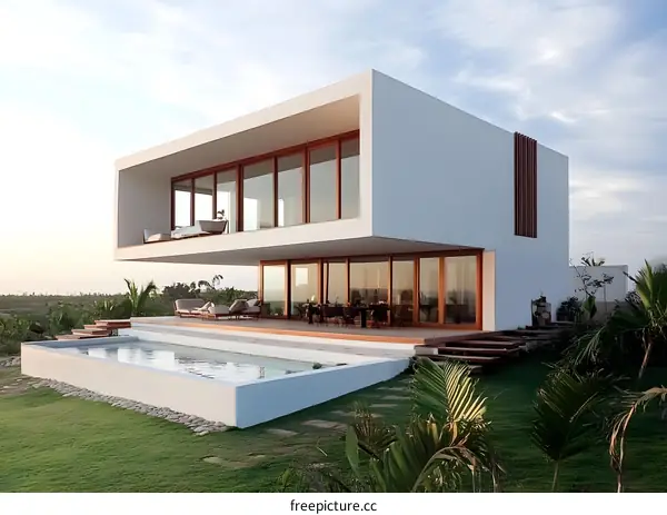 Modern Minimalist White House with Pool and Palm Trees