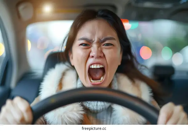 Furious Asian woman driver screaming at the wheel