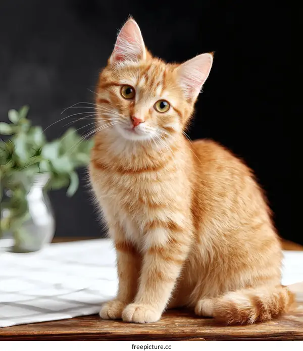 Adorable Ginger Kitten Sitting on Wooden Table