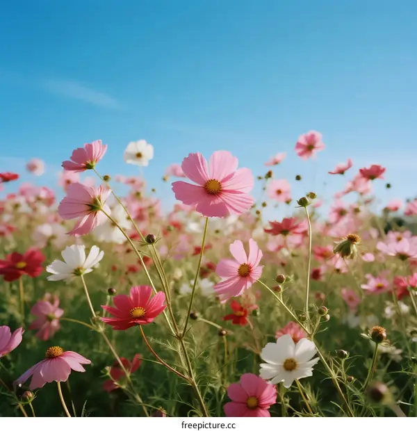 Vibrant Pink and White Cosmos Flowers Under Clear Blue Sky