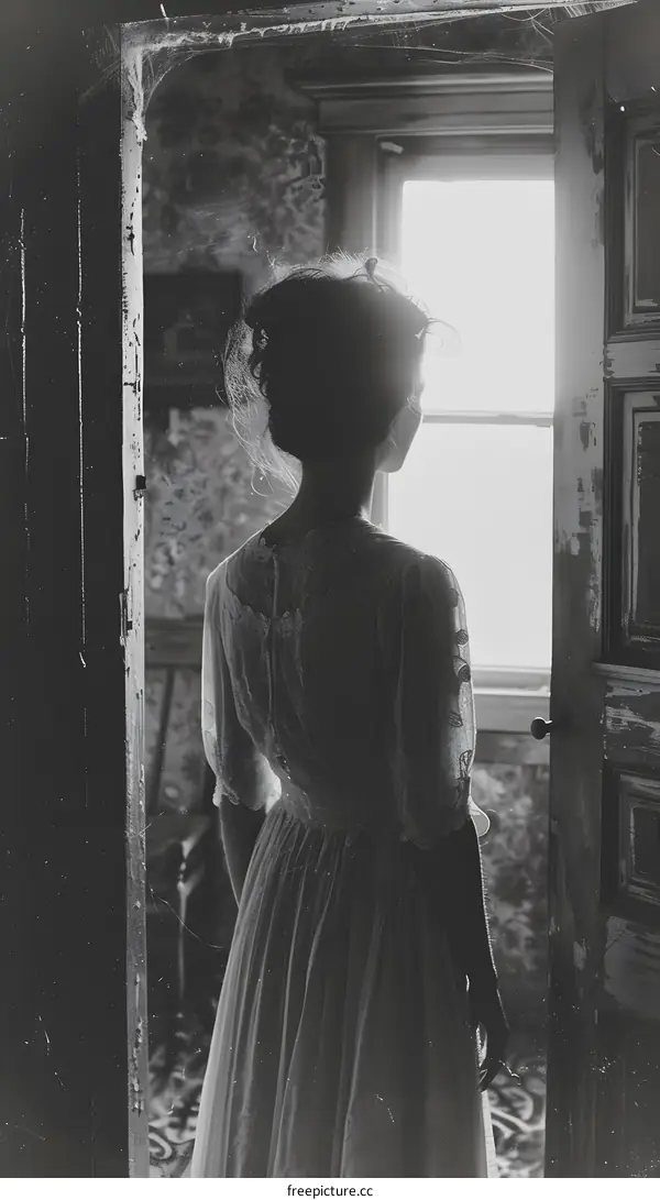 A woman standing in front of a door, looking out the window