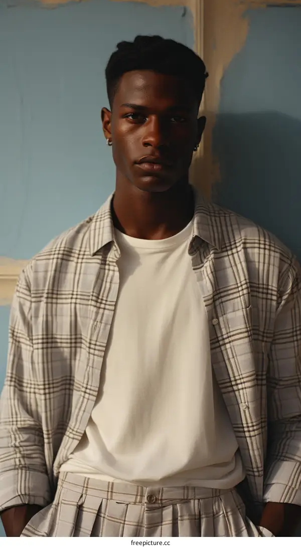 Black man wearing white shirt and gray pants