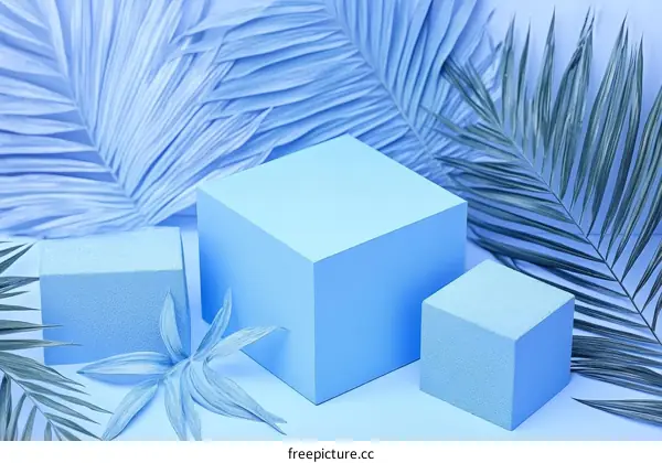 Blue Geometric Display with Tropical Leaves