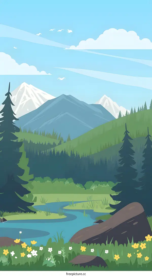 Mountain Forest Landscape With River