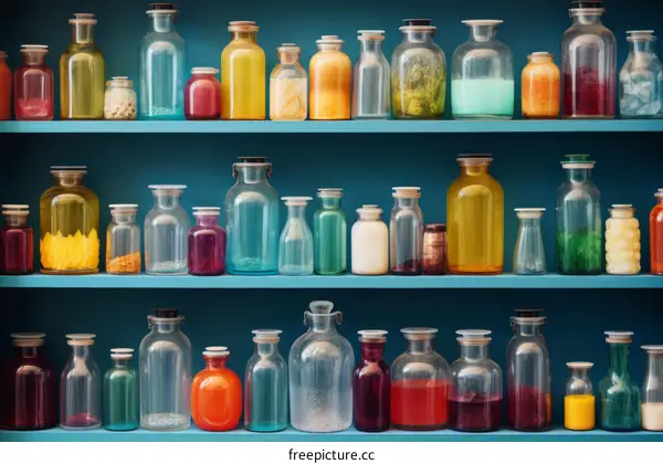 Colorful Chemical Bottles on Shelves