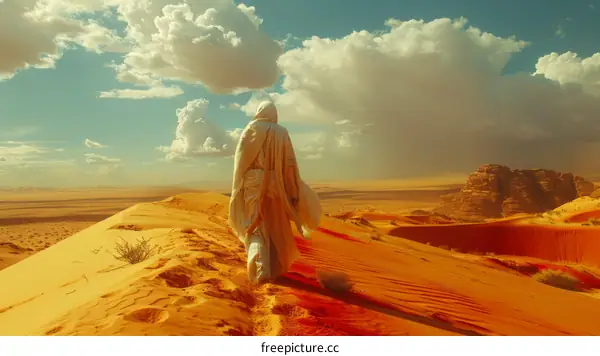 Man in White Robe Walking Through Desert