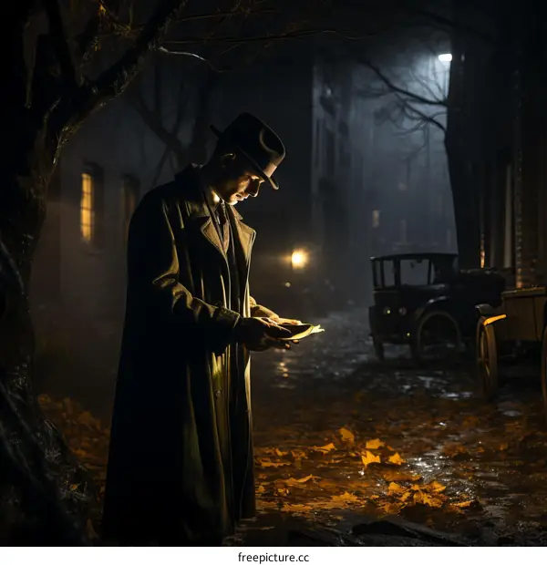 Man reading a letter in the rain at night