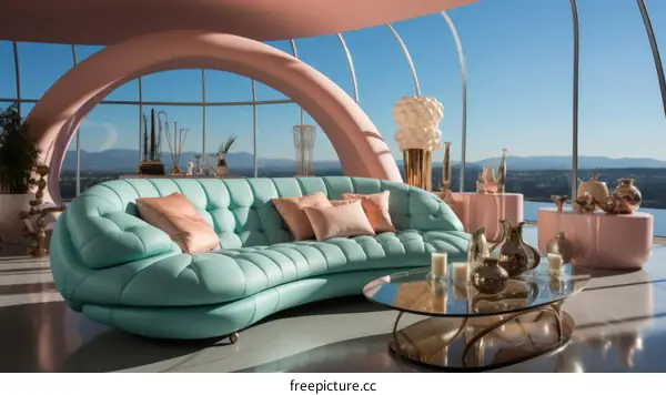 Futuristic Living Room with Curved Blue Sofa and Pink Accents