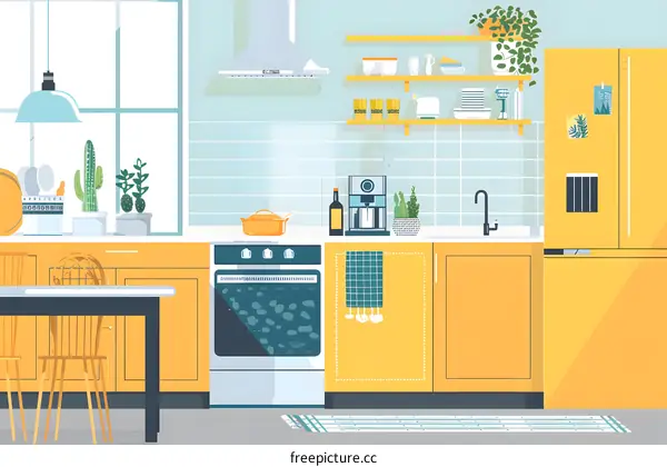 Modern Kitchen Interior Design with Yellow Cabinets and Stainless Steel Appliances