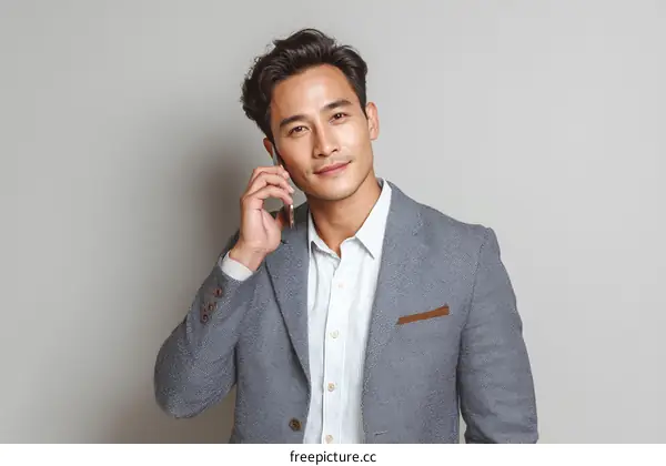 Asian Businessman Talking on Phone in Formal Attire