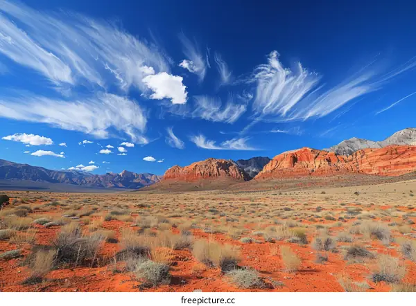 Arid desert landscape with red rock formations under a blue sky