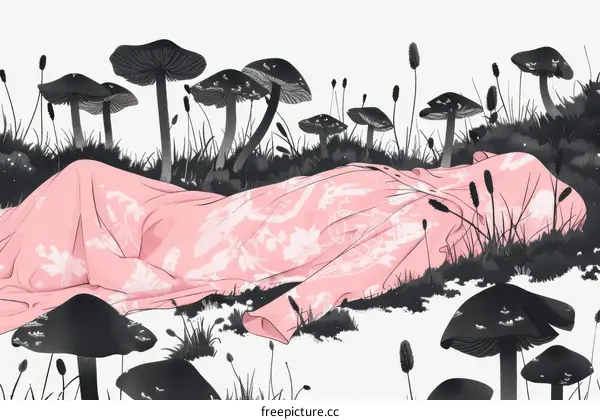 girl lying in a field of mushrooms