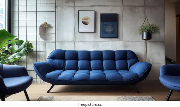 Modern Living Room Interior Design with Blue Sofa