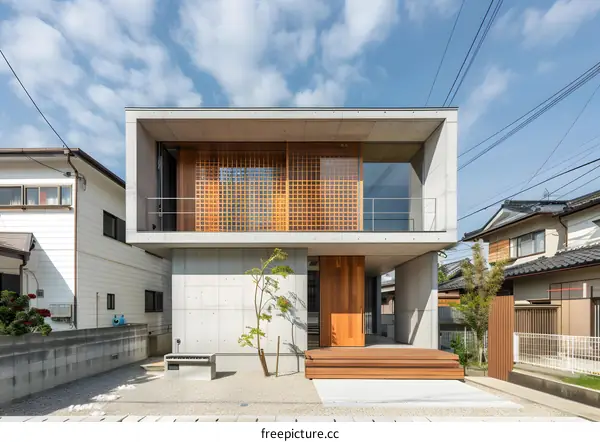 Modern Concrete House with Wooden Accents and Balcony