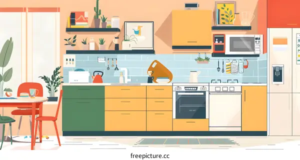 Modern Kitchen Interior Design Illustration With Colorful Cabinets And Plants