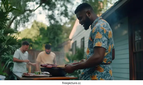 Man Grilling Food with Friends in Backyard