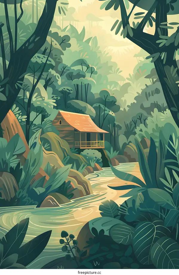 Jungle Cabin Illustration with Lush Green Foliage and a Winding River