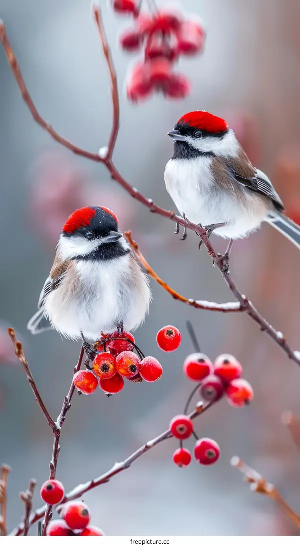 Two birds on a branch with red berries