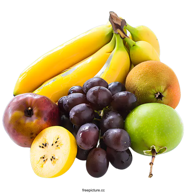 [Transparent Background PNG]Fresh and Colorful Fruit Arrangement with Bananas, Grapes, Apples, and Kiwi