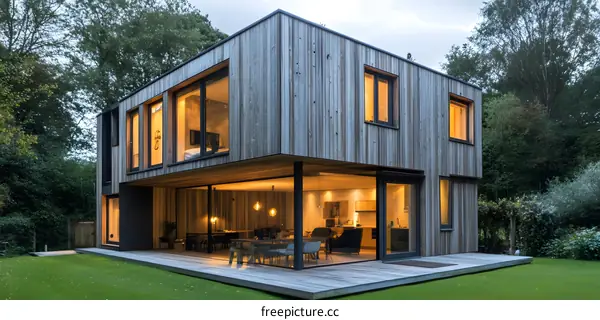 Modern Wooden House with Large Windows in the Forest