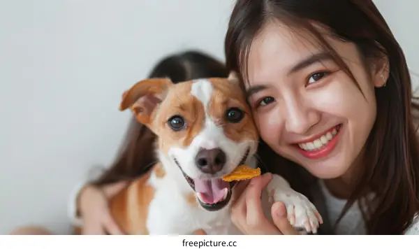 Young Asian woman feeding her dog a treat
