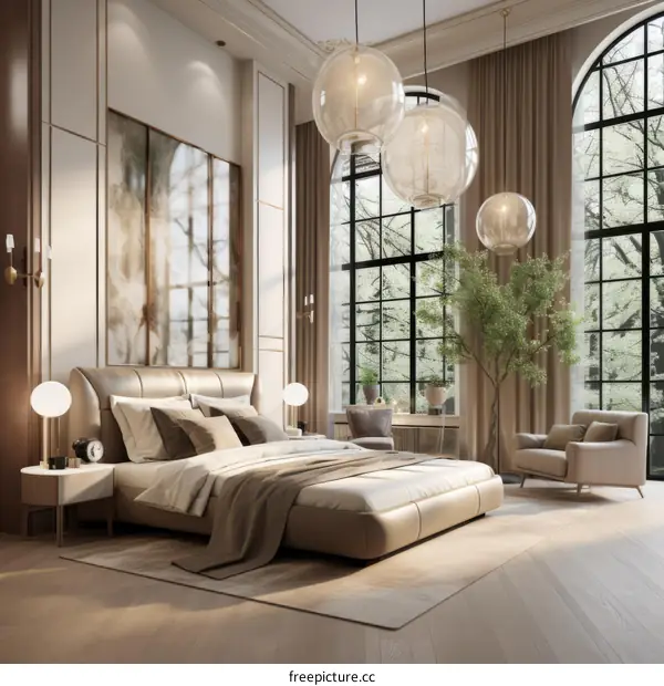 Elegant bedroom interior design with large windows and a comfortable bed