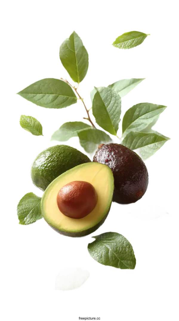 [Transparent Background PNG]Fresh Avocado with Green Leaves