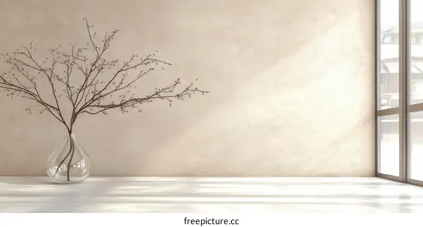 Empty Beige Room with Dried Branches Interior Design