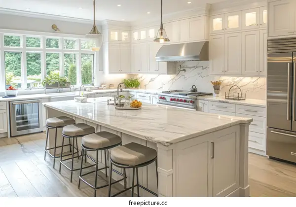 Modern Kitchen Design With White Cabinets and Marble Countertops