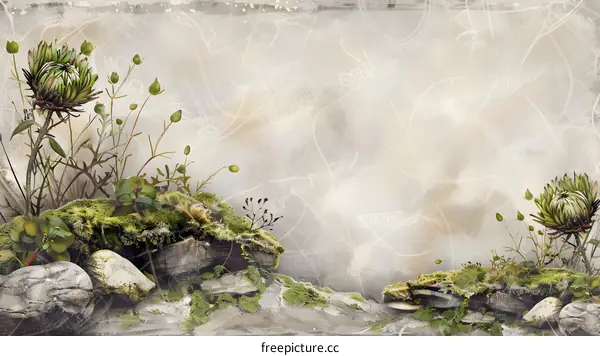 Green Flowers and Mossy Rocks Abstract Background