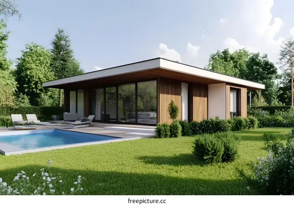 Modern Wooden House with Swimming Pool and Green Garden