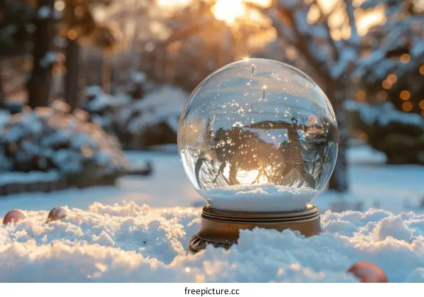 A snow globe sits in the snow with a beautiful winter scene inside