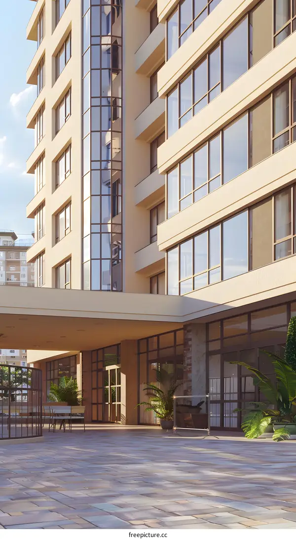 Modern Apartment Building Exterior With Patio