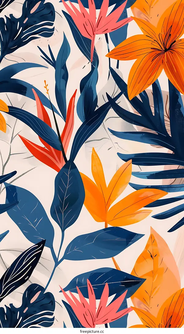 Tropical Leaves and Flowers Pattern Seamless Illustration