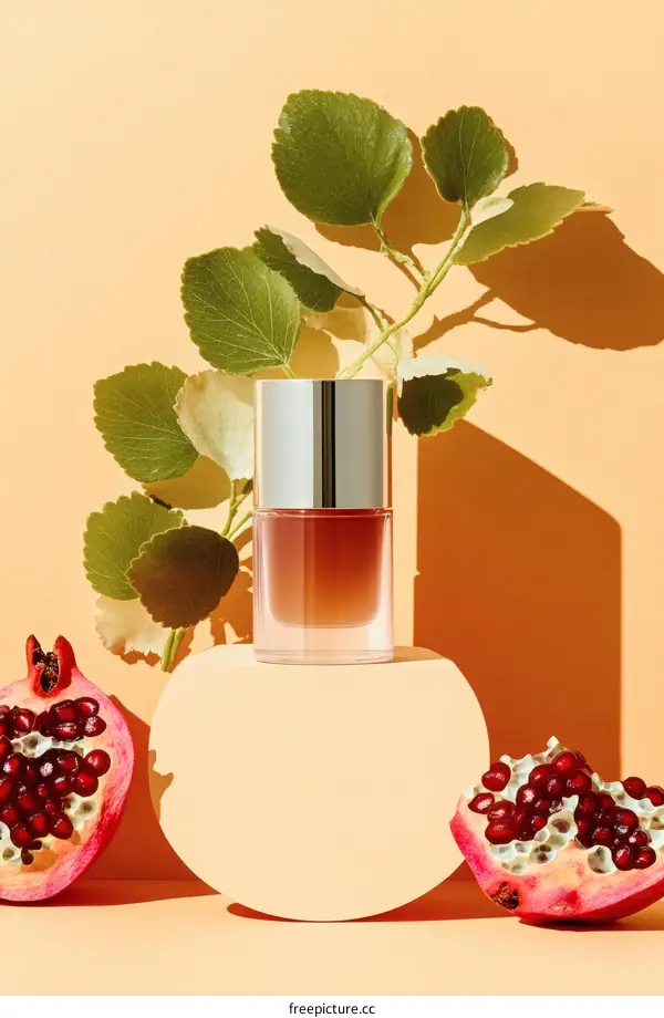 Cosmetic Product Display with Pomegranate and Leaves