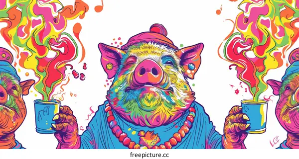 A psychedelic pig wearing a hat and smoking a pipe