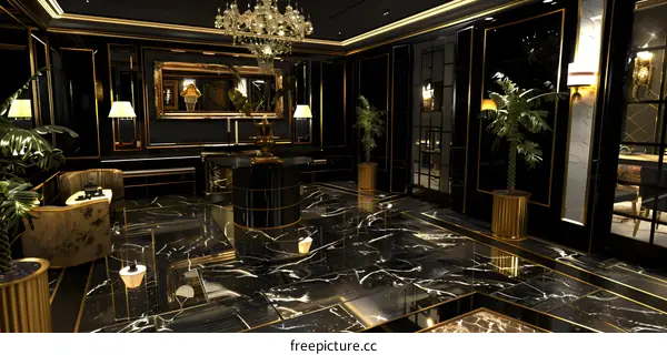 Black and Gold Interior Design with Marble Floor