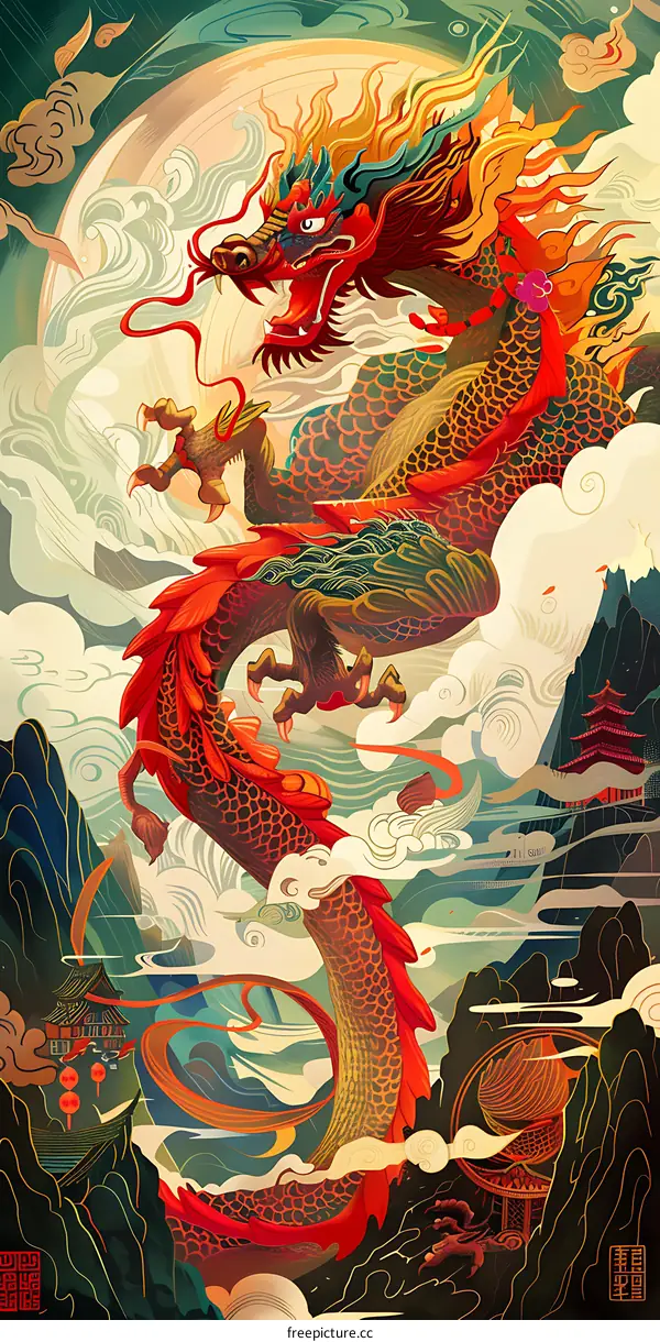 Chinese Dragon Illustration with Clouds and Mountains