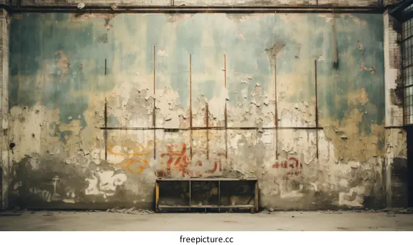 Dilapidated Building Interior with Cracked Walls and Broken Bench