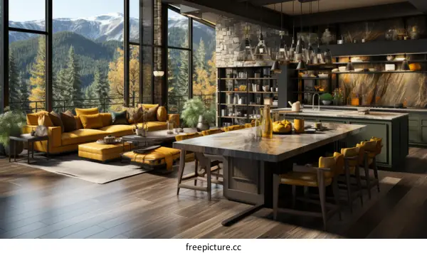 Kitchen Island Concept with Scenic Mountain View