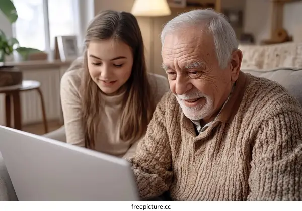 Grandparent and Granddaughter Using Laptop Together at Home