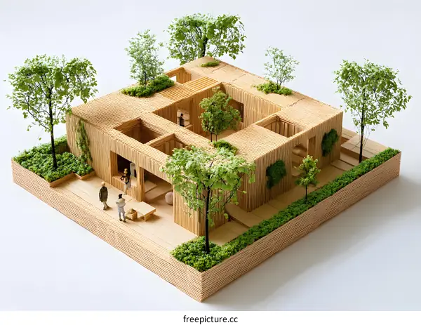 Wooden Model of a Modern House with Green Trees and Small People