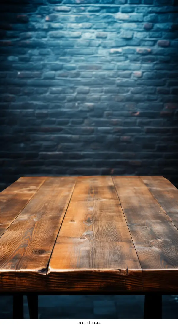 Close-up of an empty wooden table with a brick wall in the background
