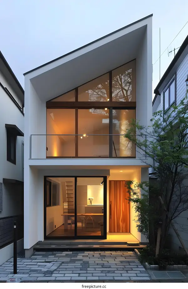Modern White House with Large Windows and a Wooden Door