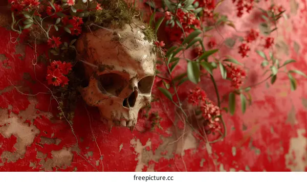 A skull with red flowers and vines growing out of it
