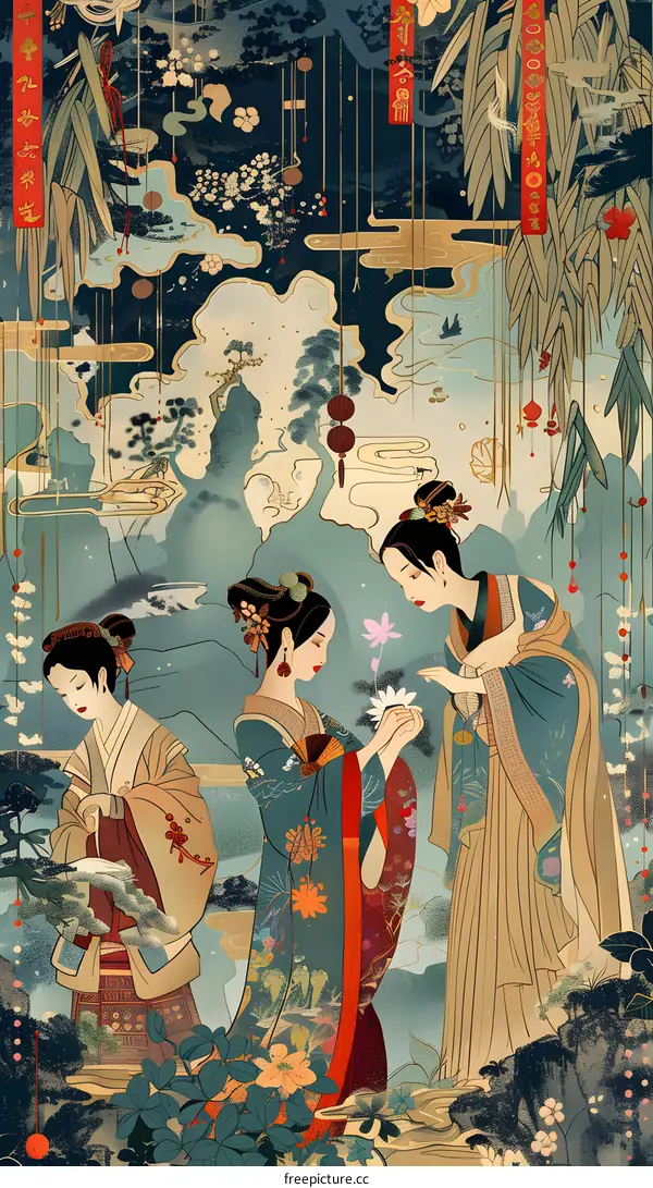 Three Chinese Women in Traditional Dress Standing in a Garden