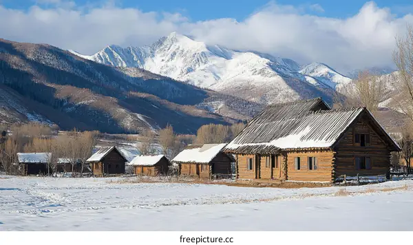 Snowy Mountain Village Wooden Houses