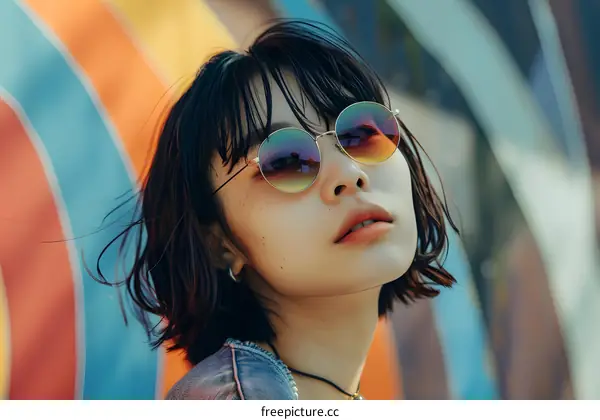 Portrait of a Young Asian Woman Wearing Sunglasses Against a Colorful Background