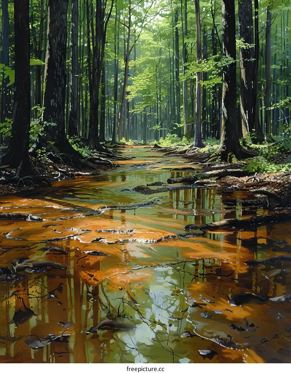A beautiful painting of a forest stream in the summer. The water is crystal clear and reflects the sunlight. The trees are tall and green, and the leaves are lush. The forest is full of life, and the air is fresh and clean.